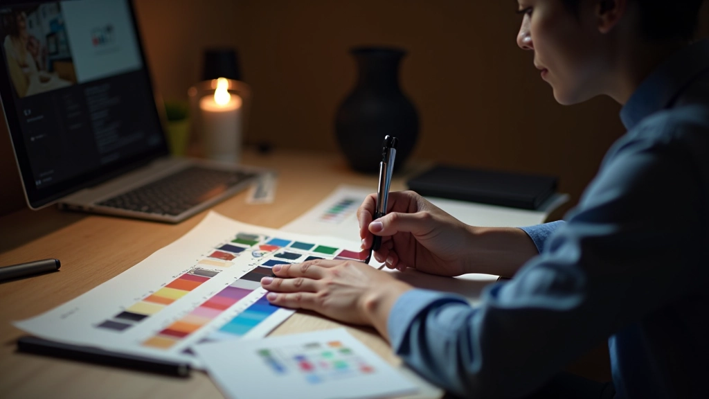 Designer working with color swatches and Pantone guides, comparing brand colors in light and dark contexts on a design tablet