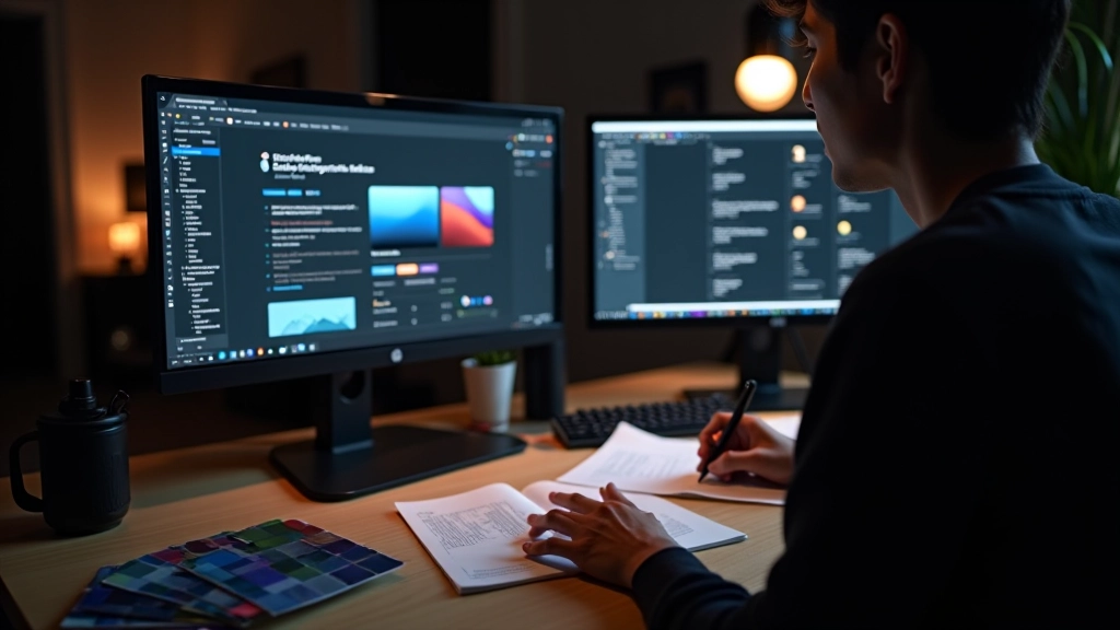Designer working on colour palette swatches and CSS code editor with dark and light theme samples displayed side by side
