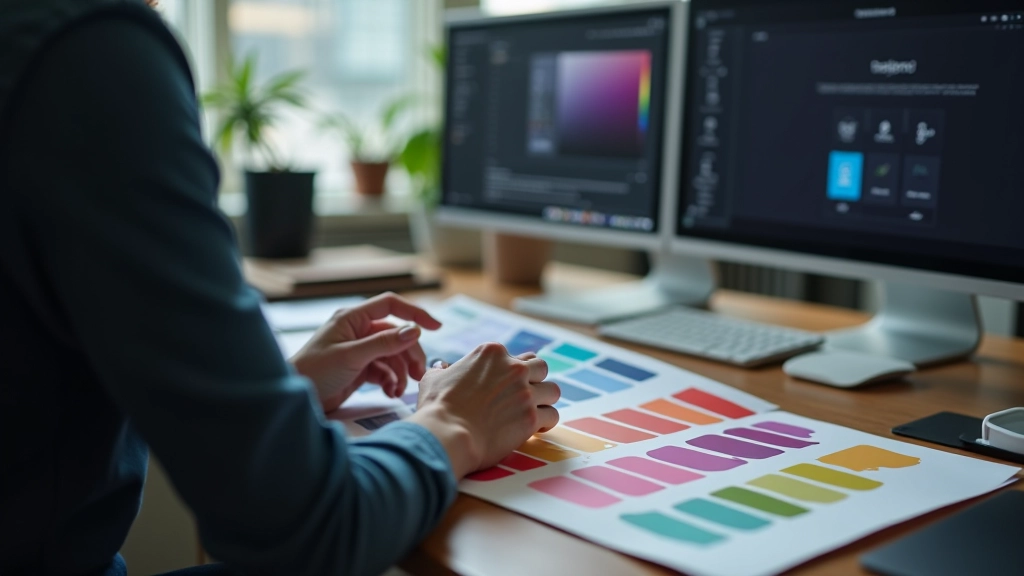 Designer working with colour swatches for theme consistency testing