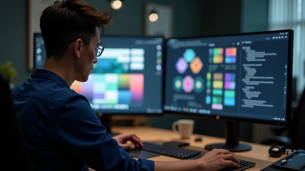 Designer comparing light and dark colour palettes side by side on two monitor screens with swatches and accessibility checkers