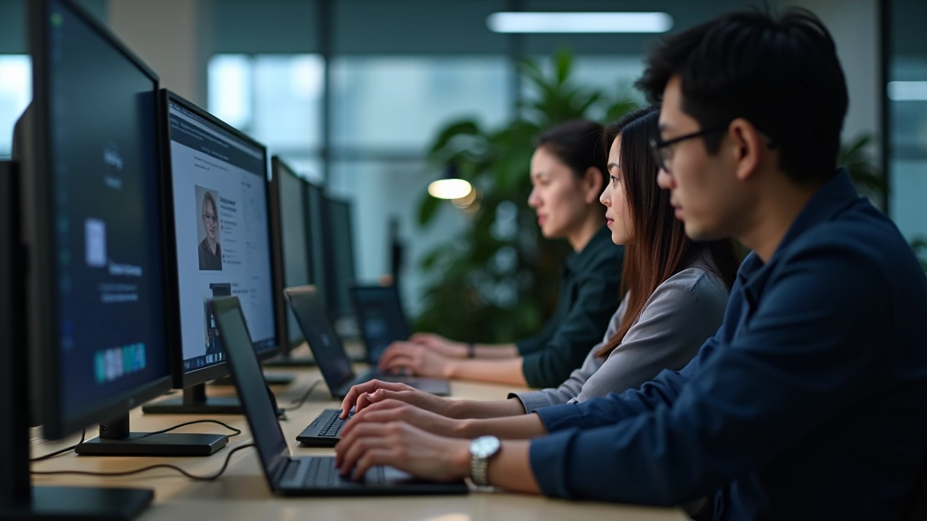 Professional team of designers and developers working together in modern office environment with monitors showing design systems and code