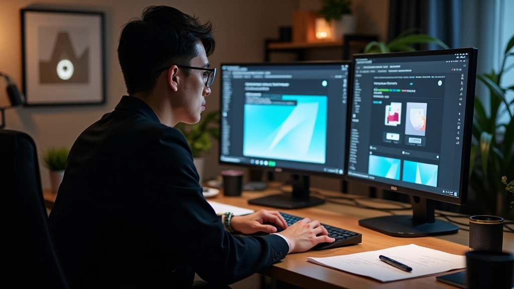 Designer reviewing design mockups on multiple screens showing light and dark theme variations side by side for comparison and testing